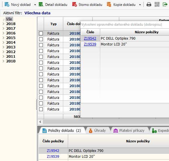 Obr. 2 - Výběr položek do dobropisu.