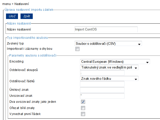 Obr. 1 - Nastavení importu v rozhraní PPL.