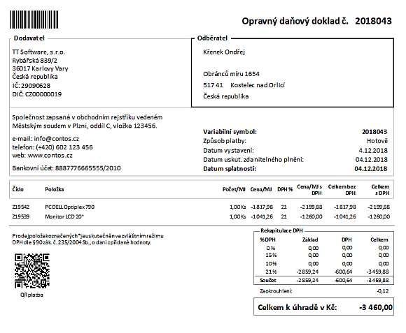 Obr. 4 - Tisková sestava opravný daňový doklad - Dobropis.