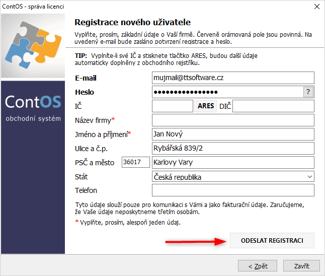 Obr. 3 - Registrace nového uživatele.