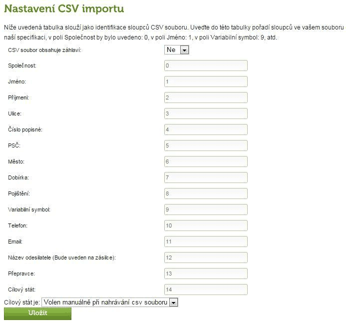Obr. 3 - Nastavení CSV importu v klientském účtu PBH.