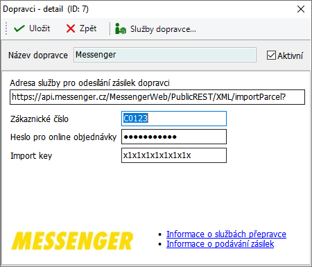 Obr. 1 - Nastavení parametrů v ContOSu pro komunikaci s Messengerem.