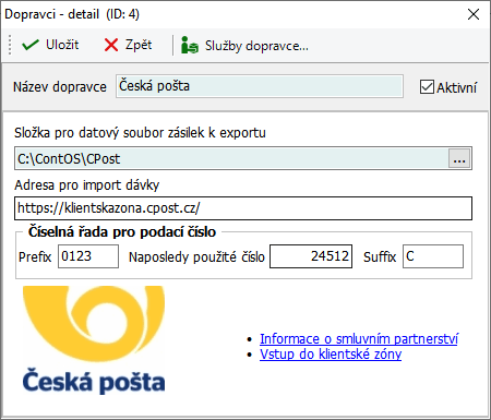 Obr. 1 - Nastavení parametrů v ContOSu pro komunikaci s Českou poštou.