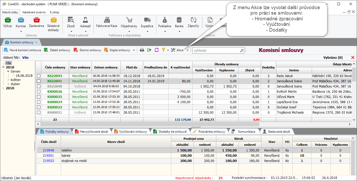 Spouštění modulu Komise. Součástí jsou také Vyúčtování a Dodatky.