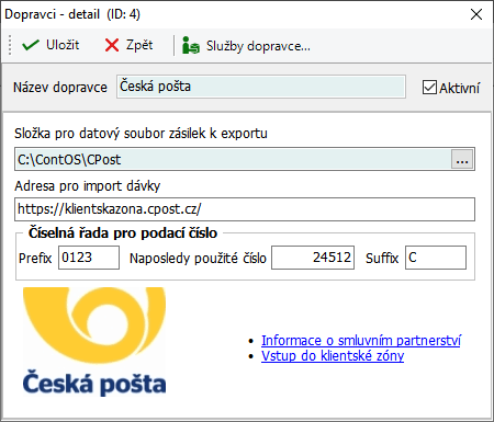 Obr. 2 - Detail číselníku pro Českou poštu.