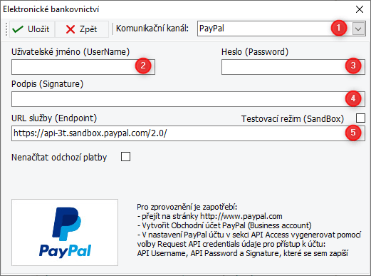 Obr. 1 - Nastavení komunikace s PayPal.