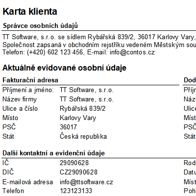 Tisková sestava Karta klienta