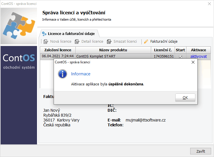 Obr. 5 - Dokončení aktivace licence ContOSu.
