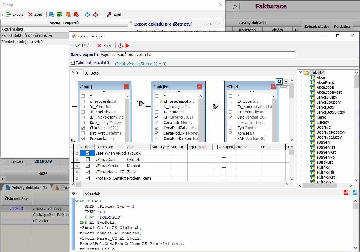Export a vizuální návrhář SQL dotazů v ContOSu.